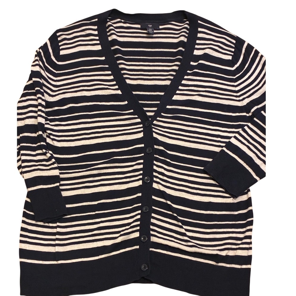Gap Womens XL Navy Blue White Striped Cotton V-Neck Button Front Cardigan